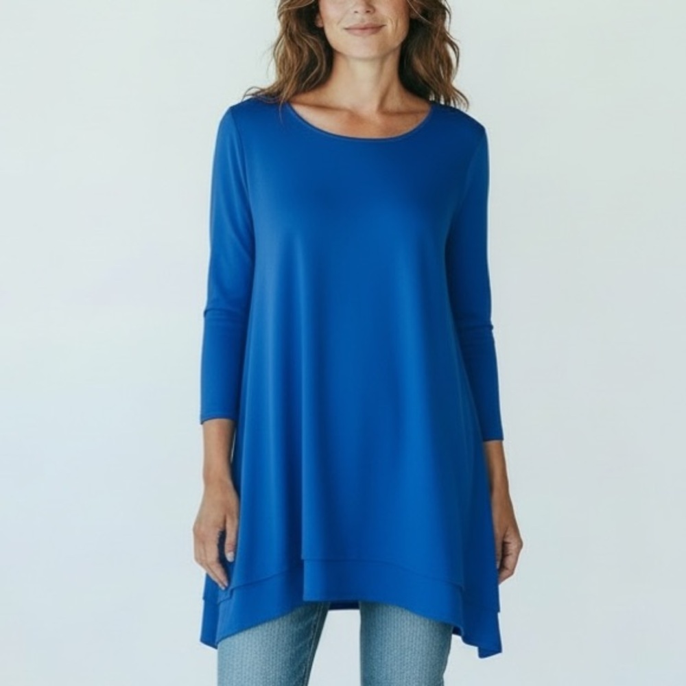 Eileen Fisher  Size L  Long Tunic Top Slits Sides 3/4 Sleeve Jersey Mini Dress